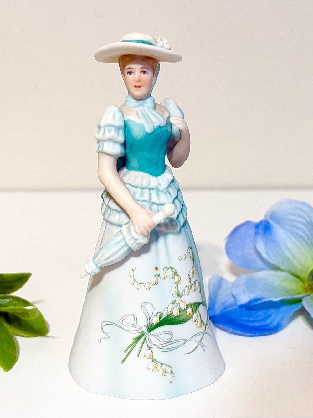 Vintage Enesco 1980s Victorian Lady Bell-May Gabrielle w/ Lily-Blue Hat/Umbrella